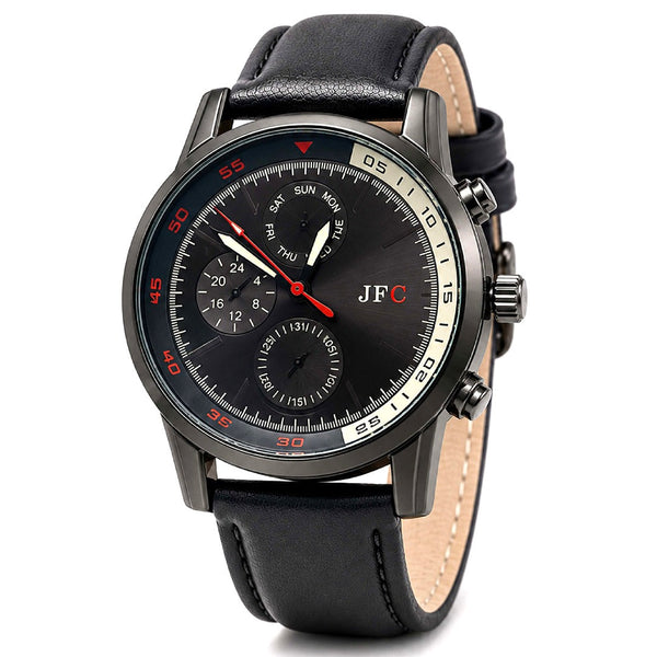 Classic Black Leather Strap Watch front view