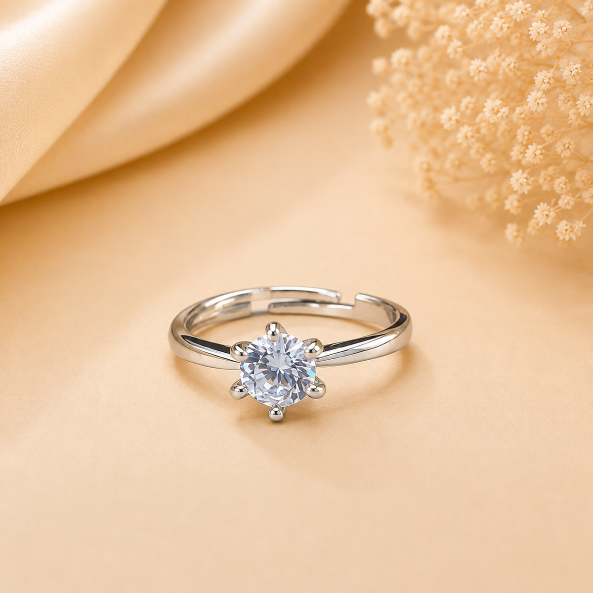 Adjustable Solitaire Crystal Ring – Elegant Sterling Silver Band