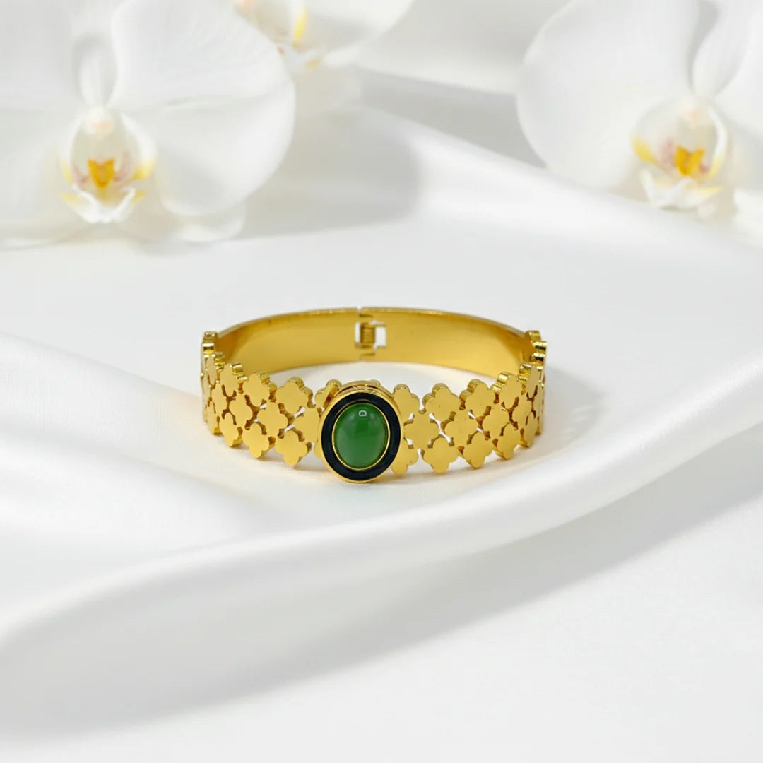 Gold Clover Bangle with Green Gemstone