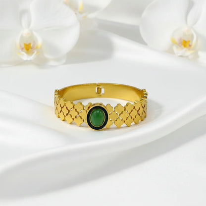 Gold Clover Bangle with Green Gemstone