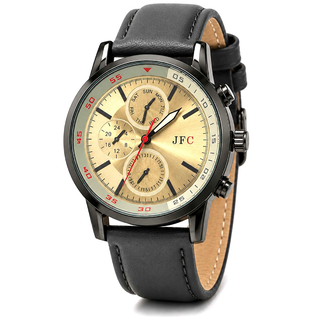 Golden Dial Grey Leather Watch front view