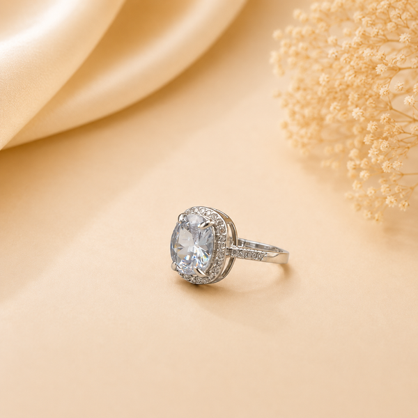 Round Solitaire Halo Ring – Elegant Sterling Silver Statement Ring