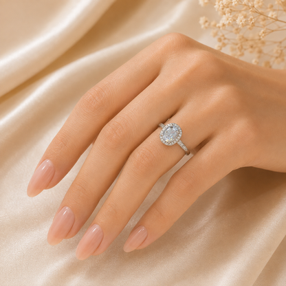Round Solitaire Halo Ring – Elegant Sterling Silver Statement Ring