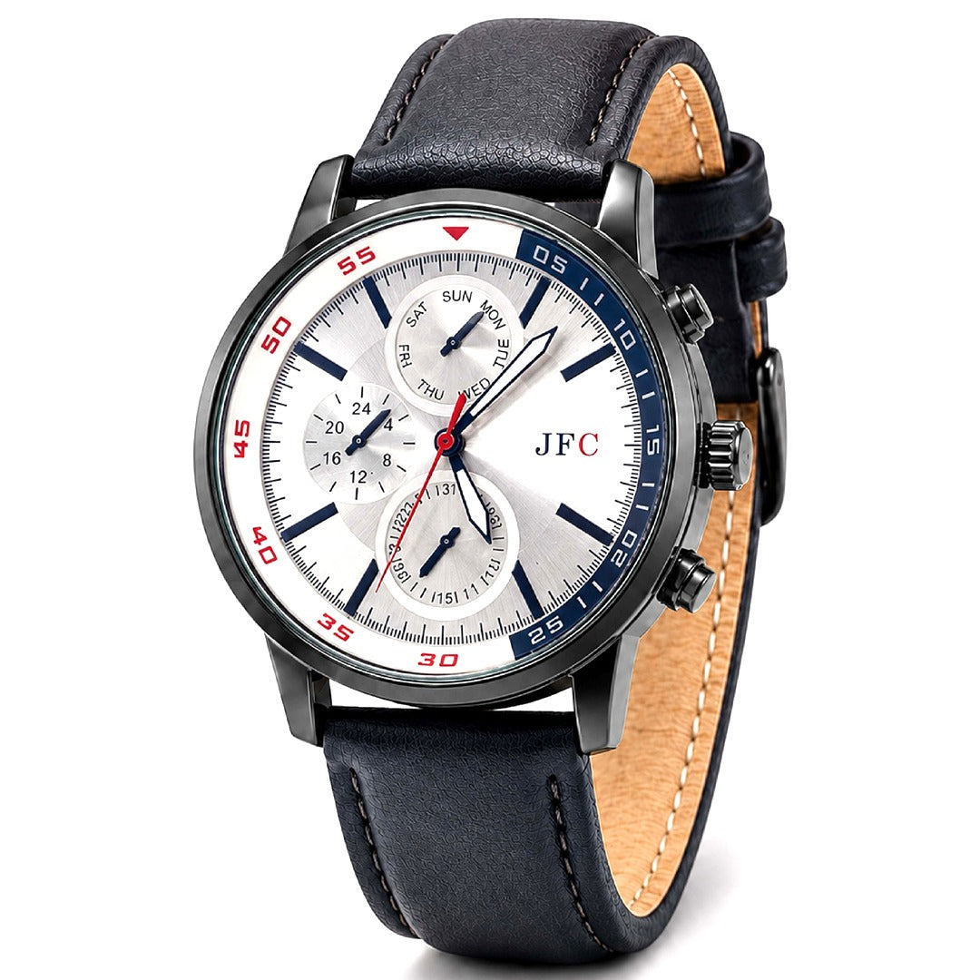 Silver Dial Leather Strap Watch front view